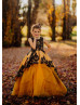 Gold Satin Black Lace Stunning Flower Girl Dress